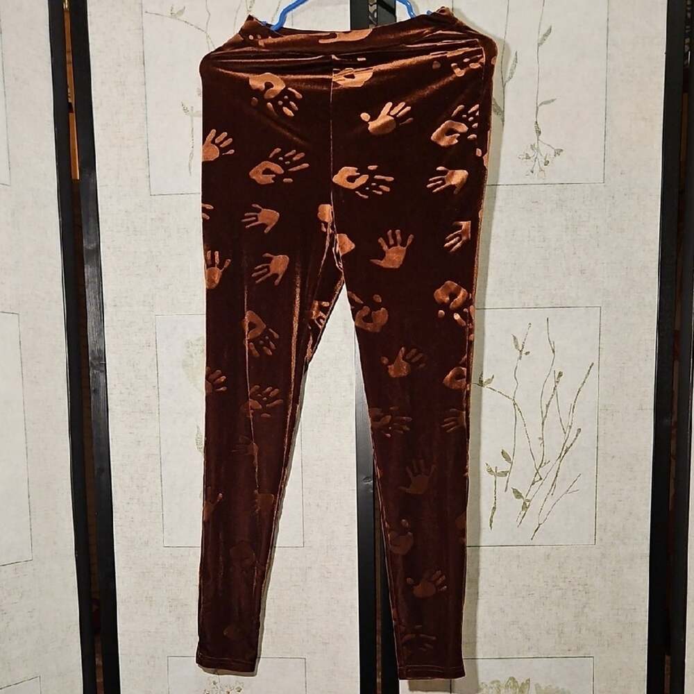 SHEIN Brown Velvet Leggings with Handprints and High Waist